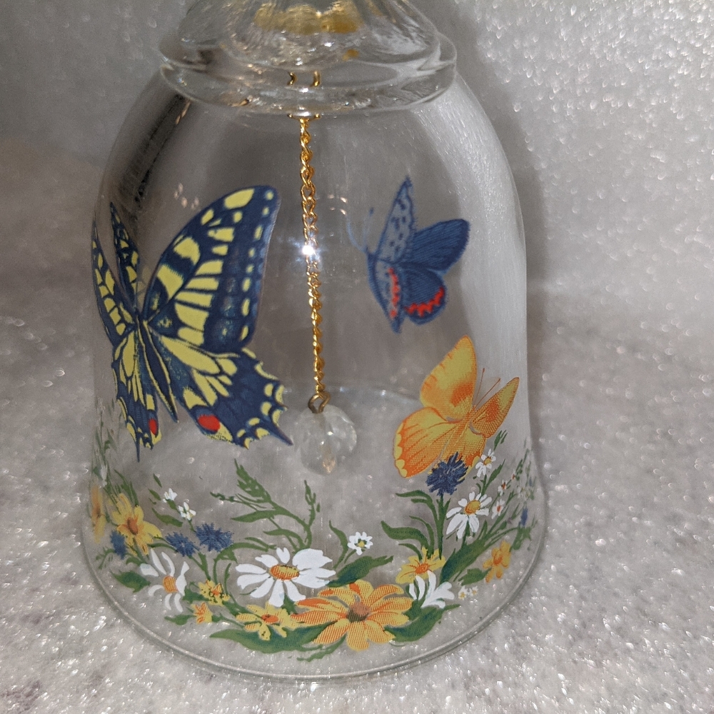 Dinner Bell Crystal Clear Glass Butterfly Floral Vintage by Avon EUC Gold Chain